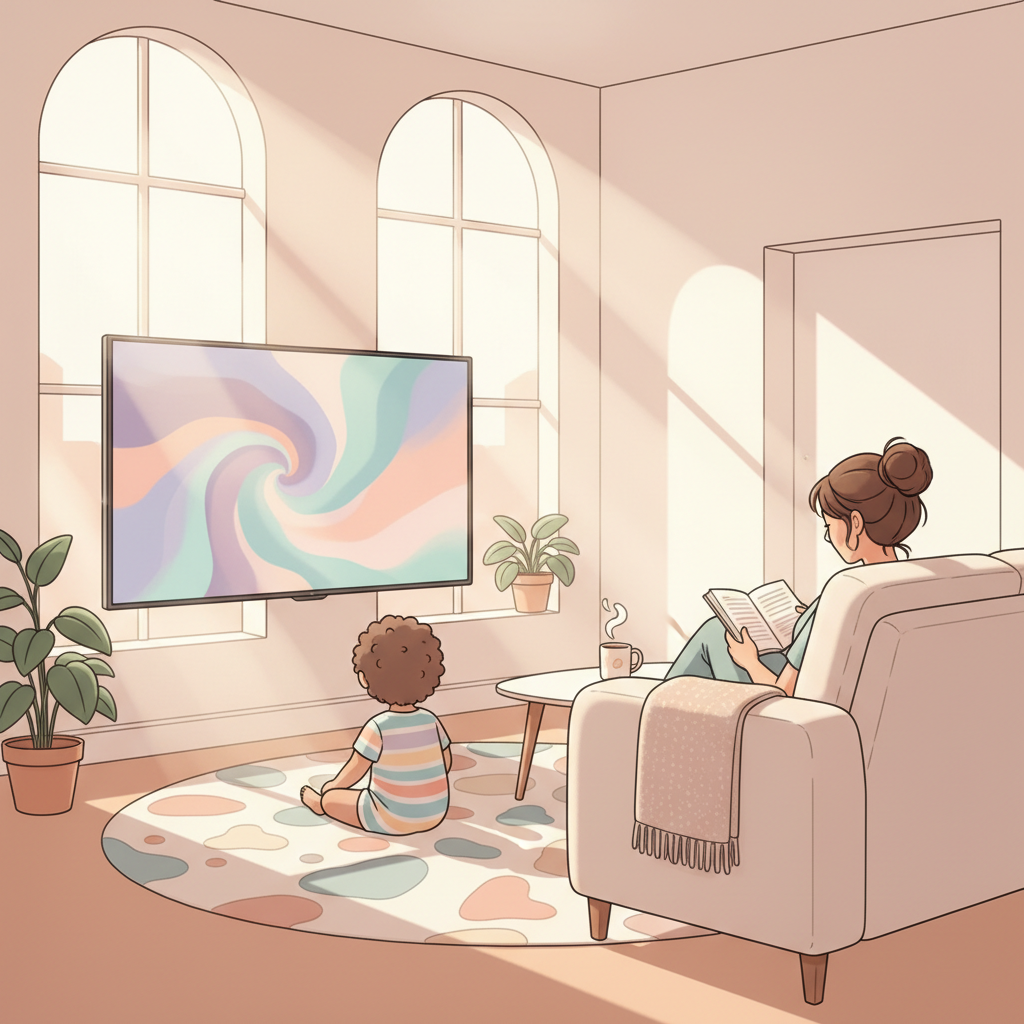 An 18-month-old toddler looks curiously at a TV screen playing muted colors, while a parent sits nearby reading a book, subtly illustrating passive screen time and parental presence.