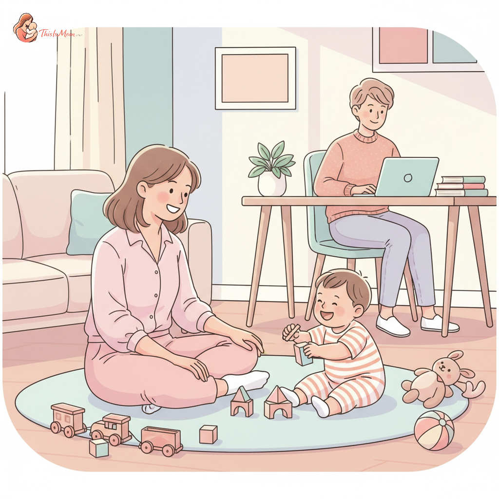 A smiling nanny playing with a young child in a bright, modern living room, while a parent works on a laptop in the background, subtly indicating work-related childcare.