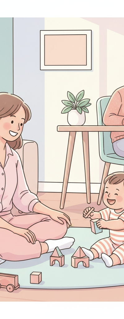 A smiling nanny playing with a young child in a bright, modern living room, while a parent works on a laptop in the background, subtly indicating work-related childcare.