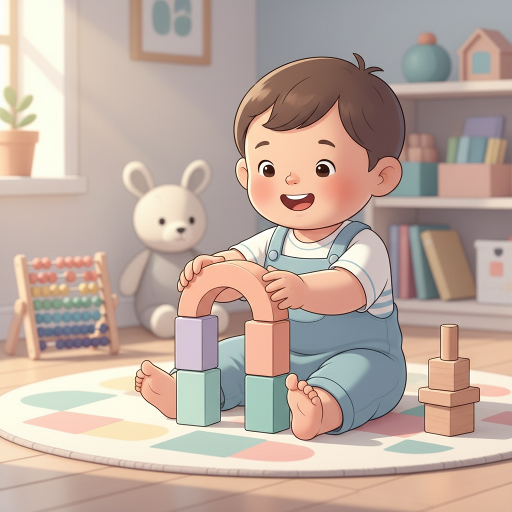 A happy 2-year-old child playing with colorful wooden stacking blocks on a bright rug, demonstrating focus and fine motor skills. Soft, natural light illuminates the scene.