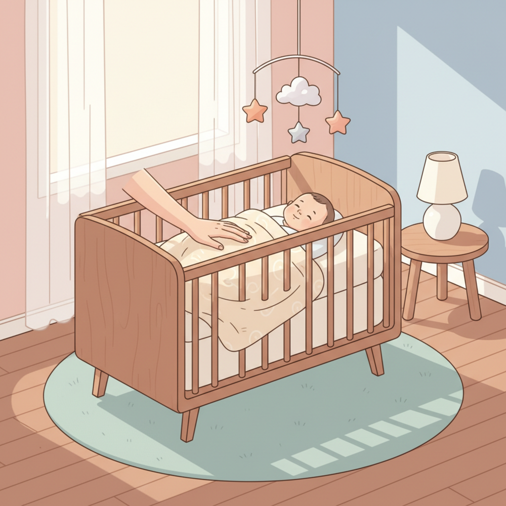 A baby waking up peacefully in a crib as warm natural morning light filters through sheer curtains, with a parent’s hand gently caressing the baby’s back.