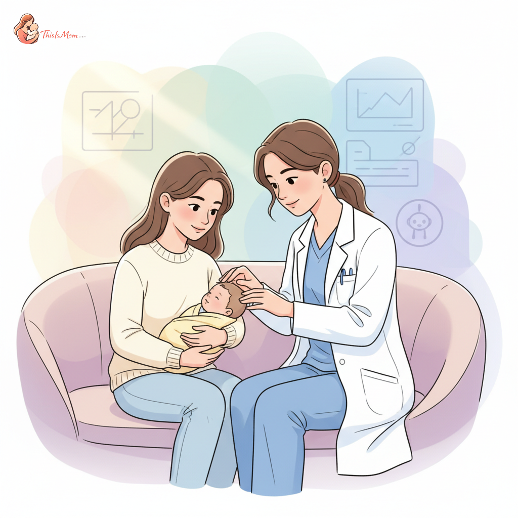 A caring pediatrician speaking with a concerned parent while gently examining a baby's hand, against a backdrop of colorful developmental charts, conveying a supportive and informative atmosphere.