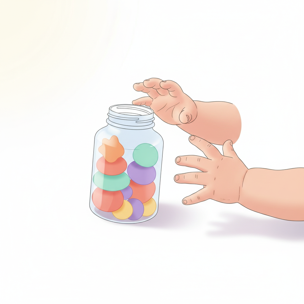 A toddler's hands reaching towards a colorful children's vitamin bottle