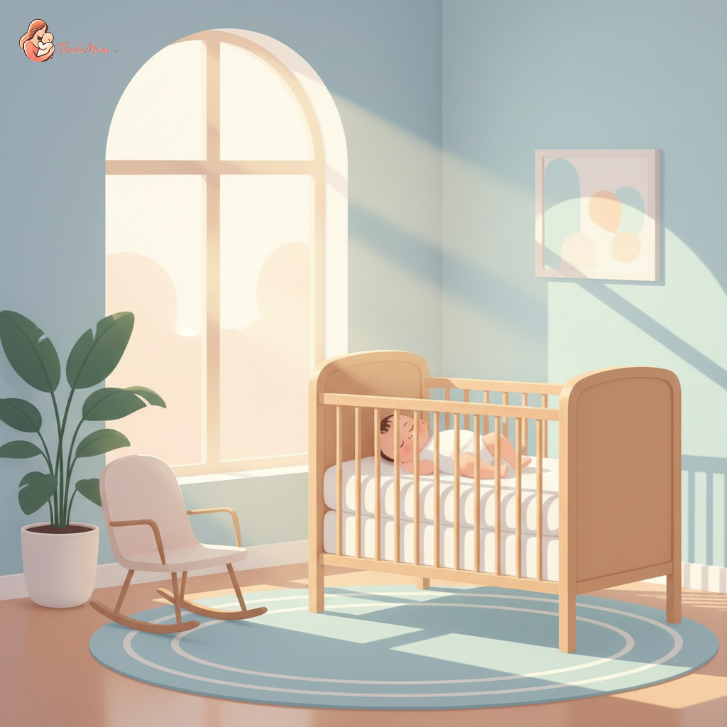 A peaceful 6-month-old baby sleeping soundly in a safe crib, with soft, diffused light, representing a well-established sleep routine.