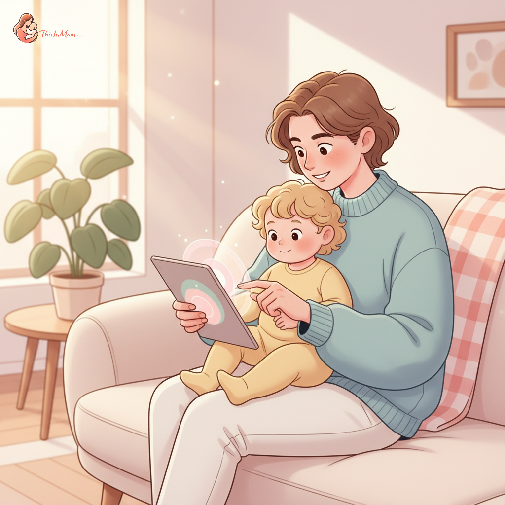 A toddler and a parent actively engaged in co-viewing educational content on a tablet, with the parent pointing and interacting with the child.