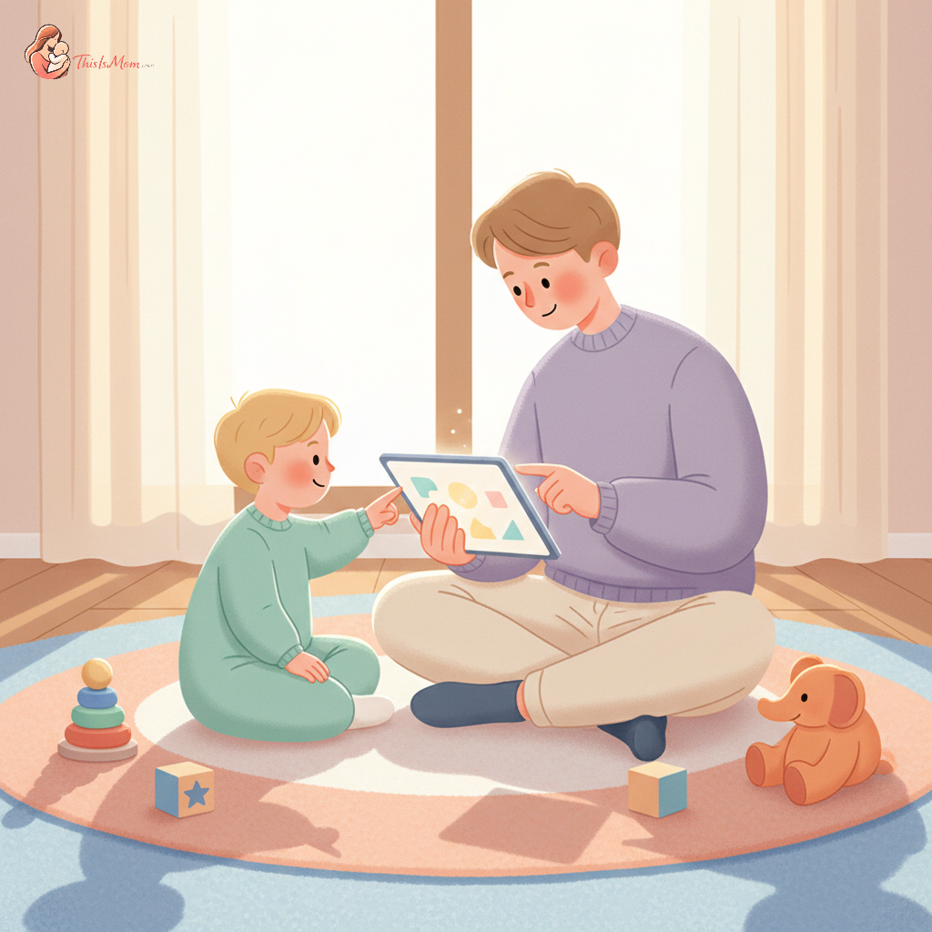 A diverse family—parent and two-year-old child—happily engaging in co-viewing educational content on a tablet together.