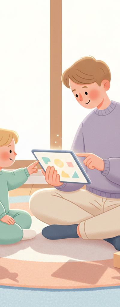 A diverse family—parent and two-year-old child—happily engaging in co-viewing educational content on a tablet together.