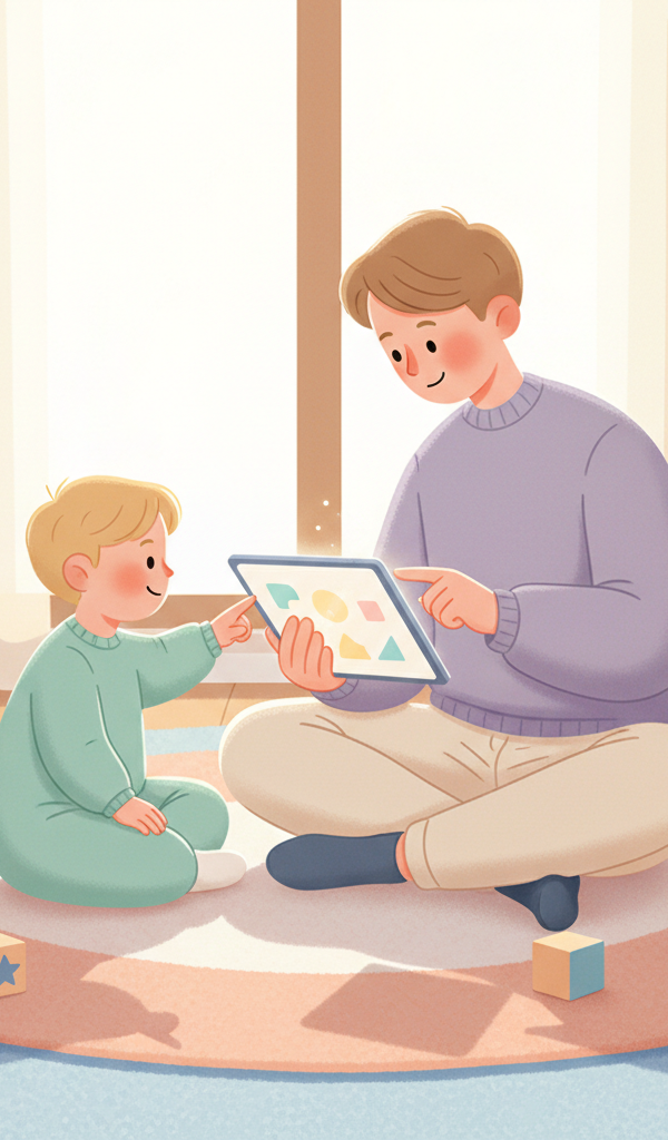 A diverse family—parent and two-year-old child—happily engaging in co-viewing educational content on a tablet together.
