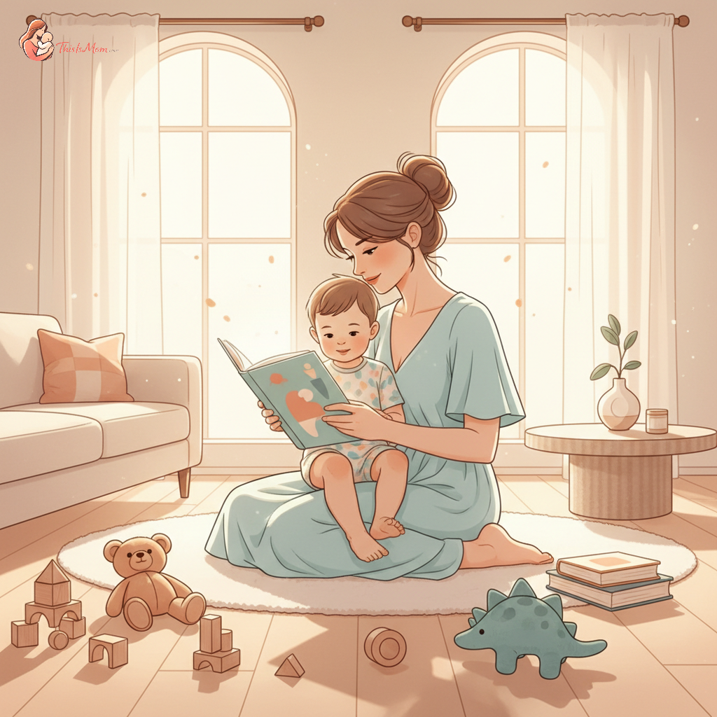A diverse family, including a casually dressed mother and a happy 2-year-old child, sitting together on a carpet, reading a colorful children's book. Toys are scattered around them, illustrating engaging alternatives to screen time. The scene is bright and warm, with gentle focus on their interaction.