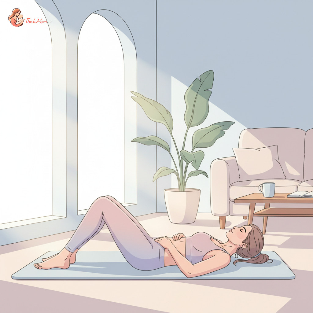 A woman performing a gentle pelvic floor exercise at home, possibly lying down with knees bent, demonstrating a focused yet relaxed expression.