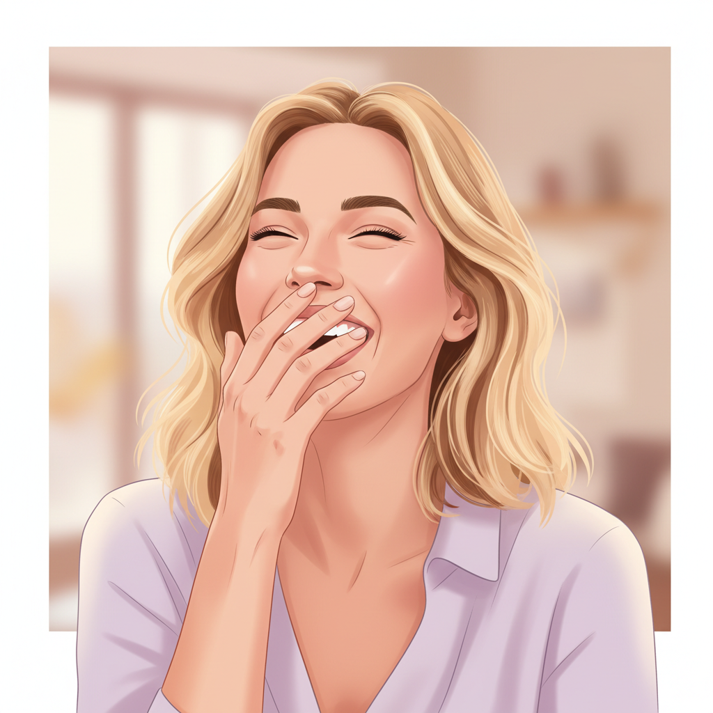 A woman laughing joyfully with her head tilted back, hands covering her mouth, set against a soft, blurred background, conveying freedom and happiness.