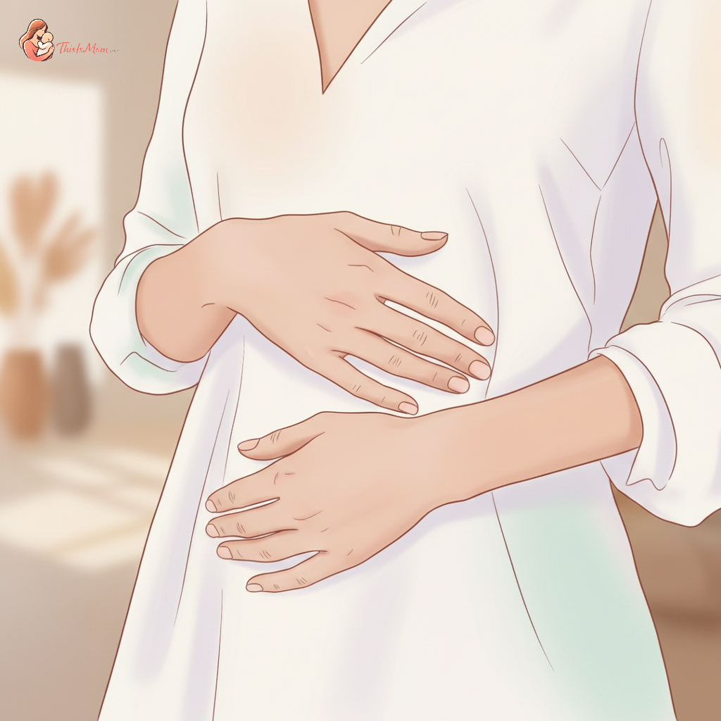 A close-up of a woman's hands gently placed on her lower abdomen, illustrating a sense of calm and self-care, with soft, diffused lighting.