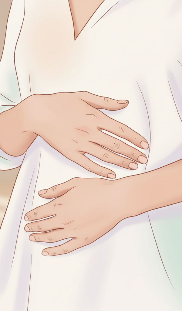 A close-up of a woman's hands gently placed on her lower abdomen, illustrating a sense of calm and self-care, with soft, diffused lighting.