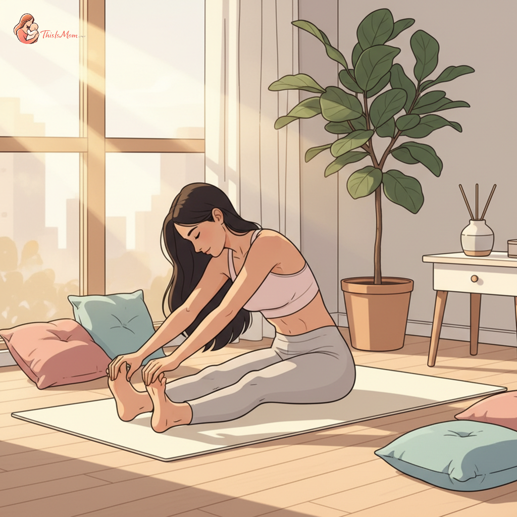 A new mother gently stretching on a yoga mat at home, with soft, natural light filling the room, symbolizing relief from postpartum pain.
