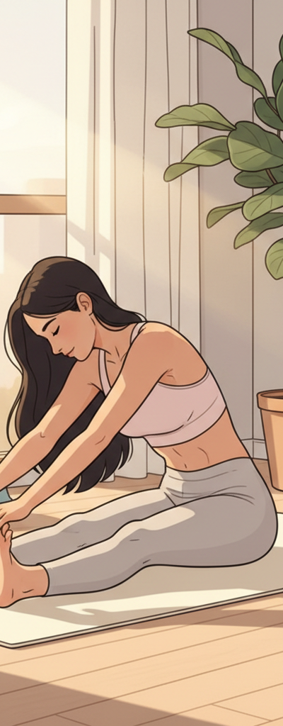 A new mother gently stretching on a yoga mat at home, with soft, natural light filling the room, symbolizing relief from postpartum pain.