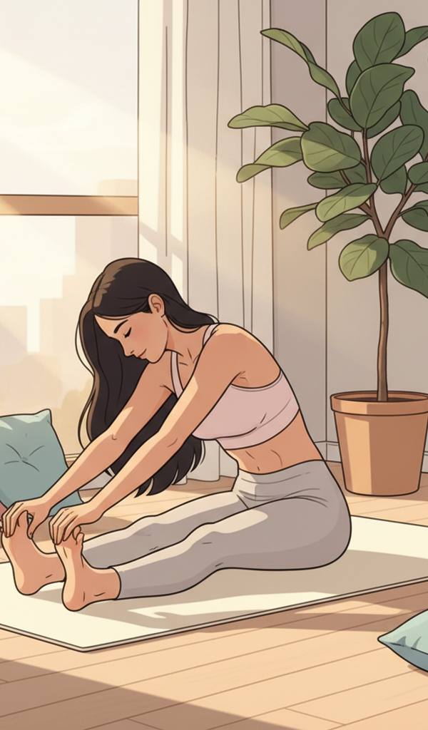 A new mother gently stretching on a yoga mat at home, with soft, natural light filling the room, symbolizing relief from postpartum pain.