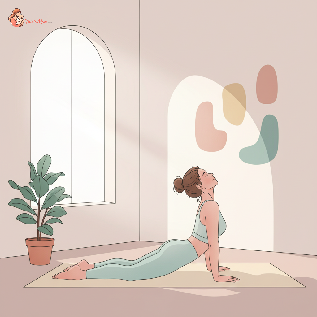 A postpartum woman in activewear doing gentle pelvic floor exercises on a yoga mat, with soft light, symbolizing recovery and strength.
