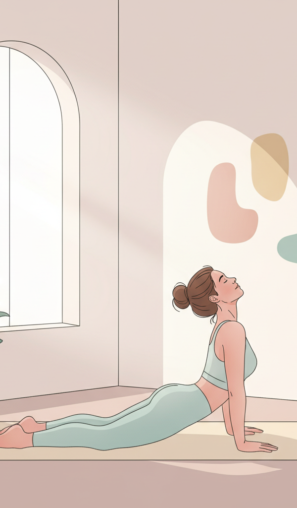 A postpartum woman in activewear doing gentle pelvic floor exercises on a yoga mat, with soft light, symbolizing recovery and strength.
