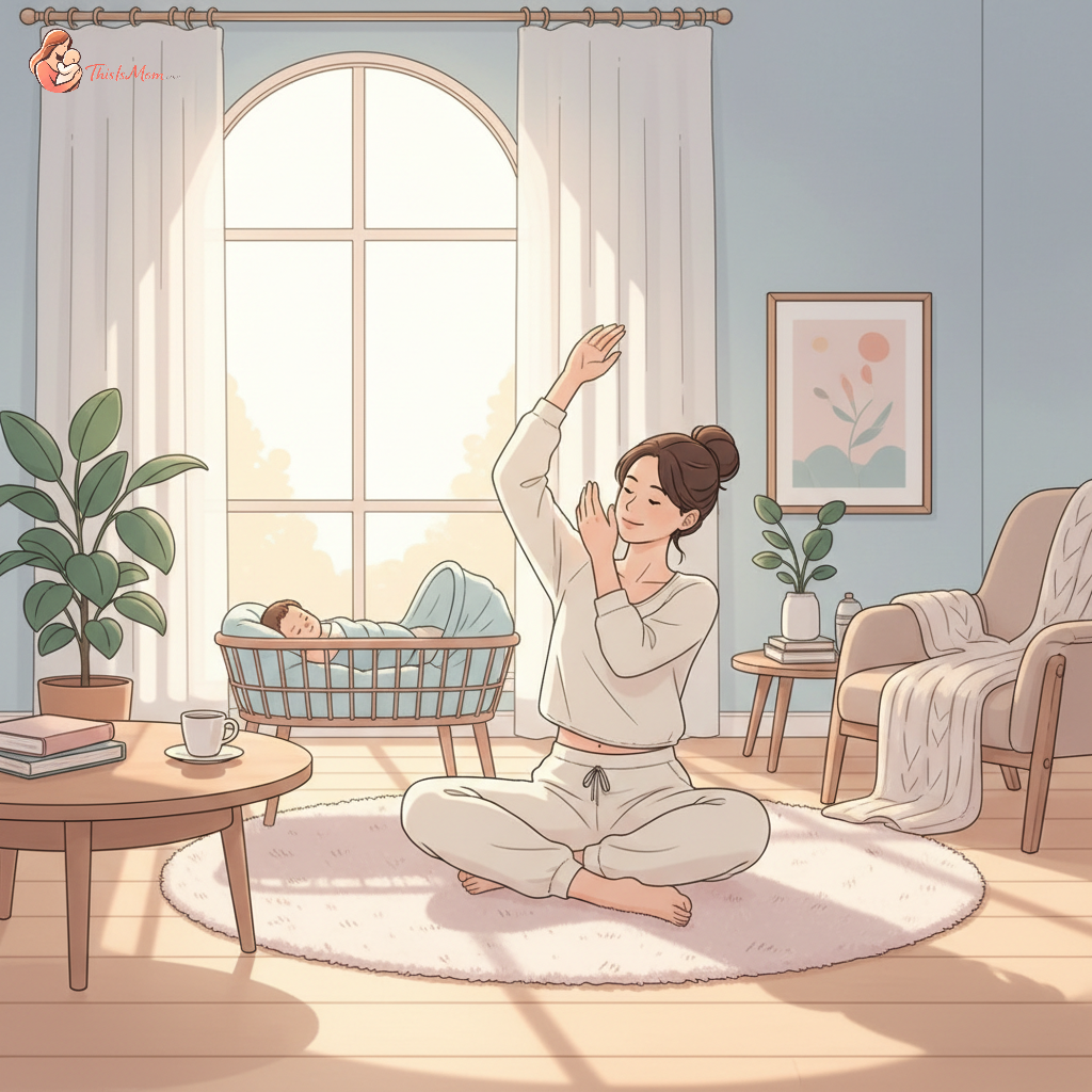 A tired but determined new mother doing gentle pelvic floor exercises in a quiet living room, bathed in soft afternoon light, while her baby sleeps soundly in a nearby bassinet.