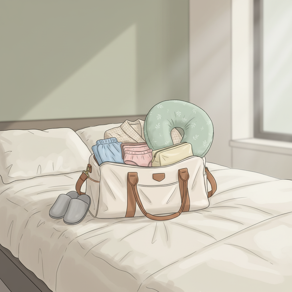 A neatly organized hospital bag on a bed, open to reveal folded high-waisted pajamas, a soft robe, comfortable underwear, and a nursing pillow.