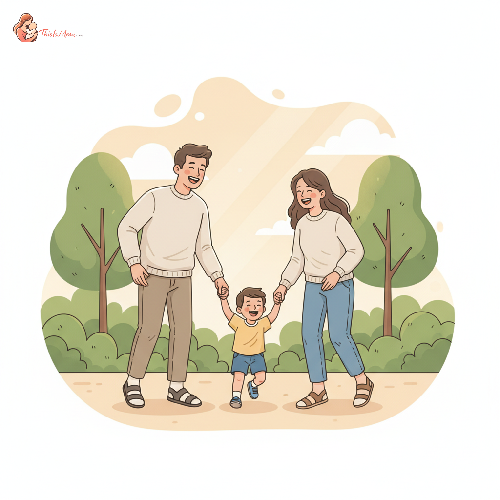 Two adults, a man and a woman, smiling and interacting positively with a child between them in a bright, modern park setting, without any romantic gestures between the adults.