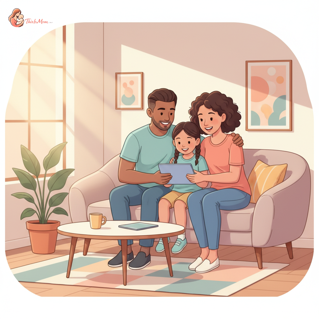 Two adults and a child looking at a tablet together, smiling warmly, representing modern platonic co-parenting facilitated by technology.