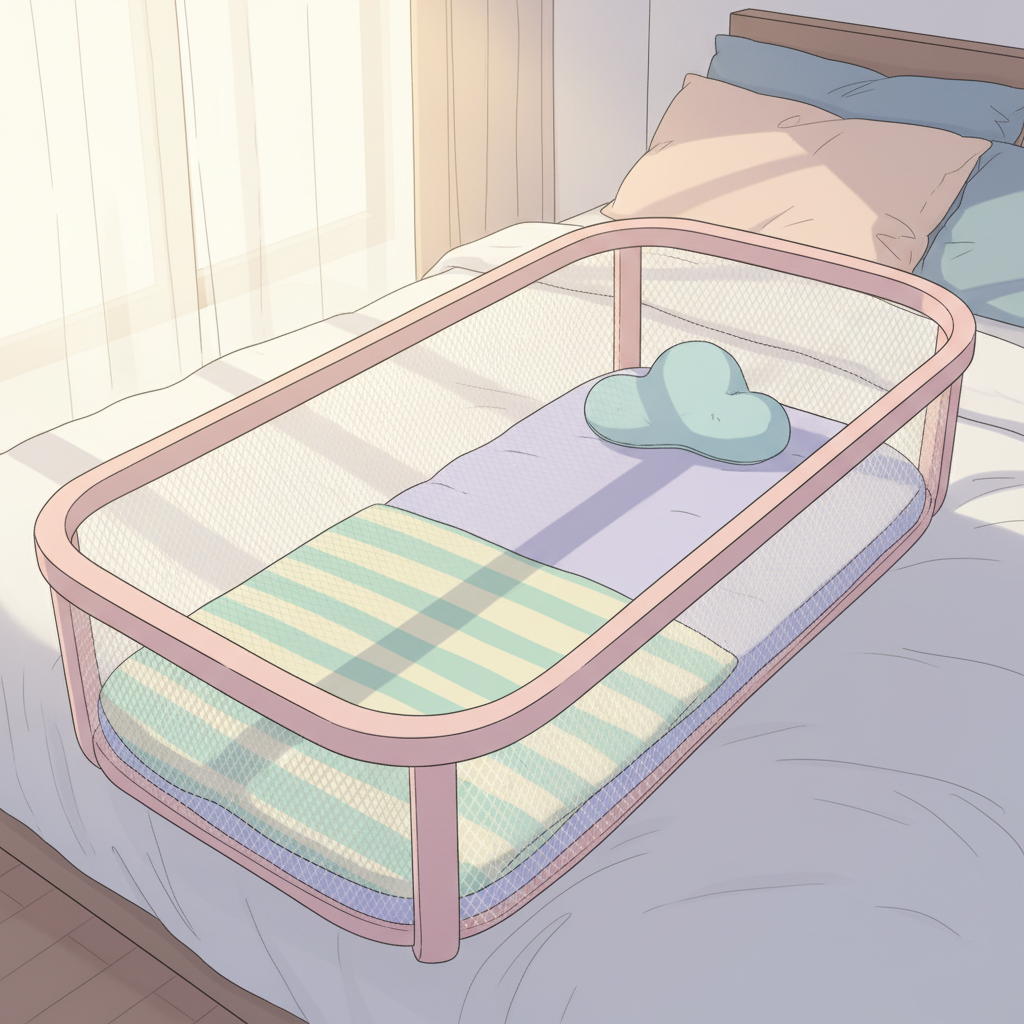 An empty, compact portable baby bassinet with mesh sides, positioned securely next to a queen-sized bed in a cozy, slightly dim bedroom, with soft lighting casting a gentle glow.