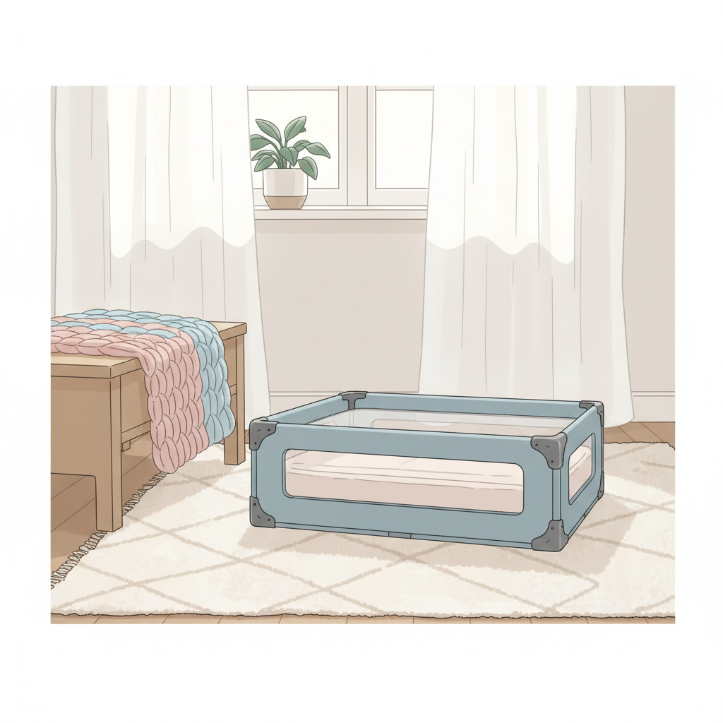 A disassembled BabyBjorn Travel Crib Light lying flat on a minimalist rug in a grandparent's guest room, next to a neatly folded blanket.