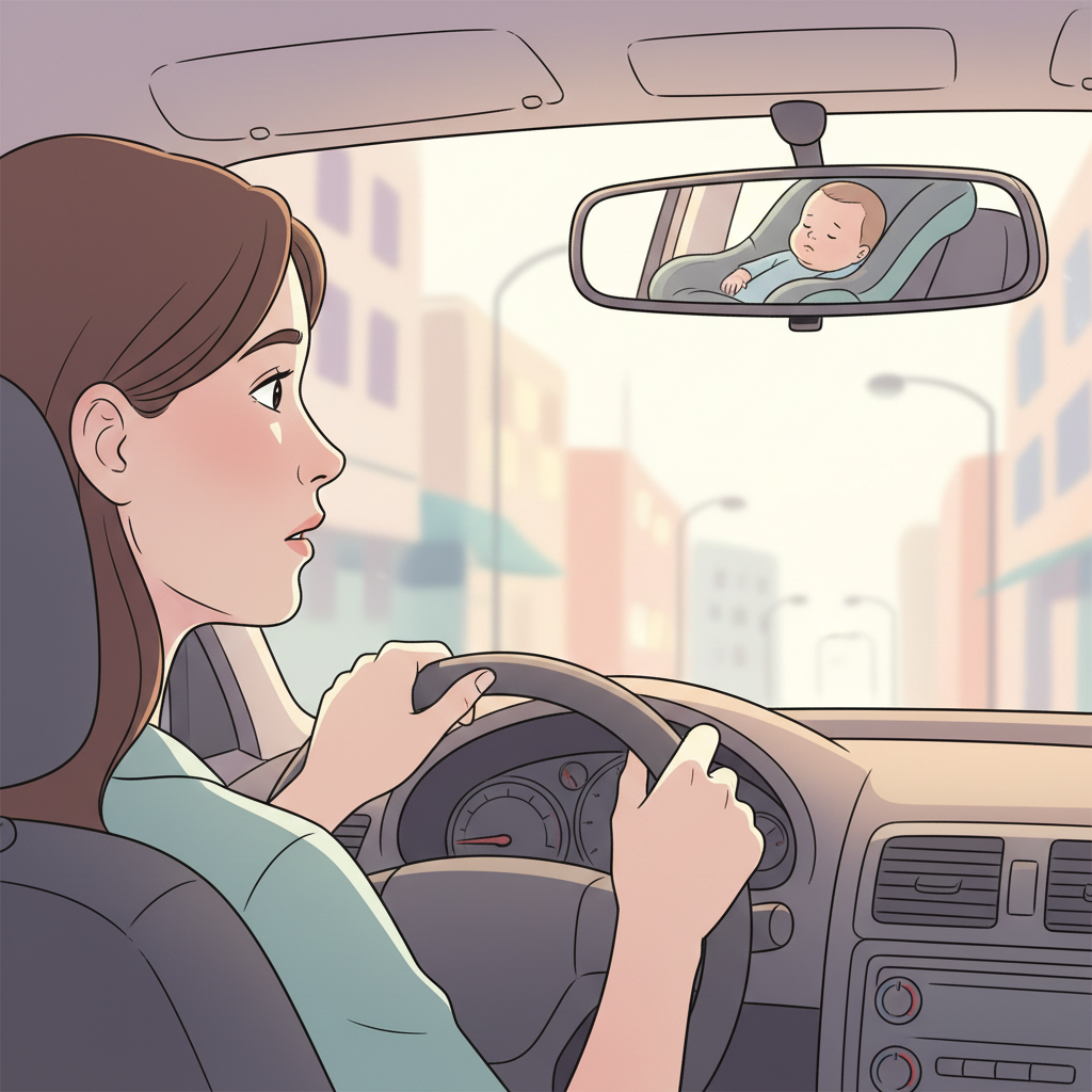 A new mother's hands gripping a steering wheel tightly, white knuckled, with a baby's car seat visible in the rearview mirror, conveying anxiety