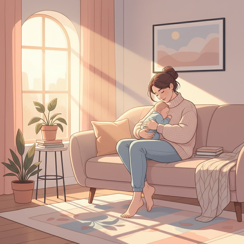 A military spouse sits on a couch holding a baby, looking tired but relieved, with soft natural light entering the room.