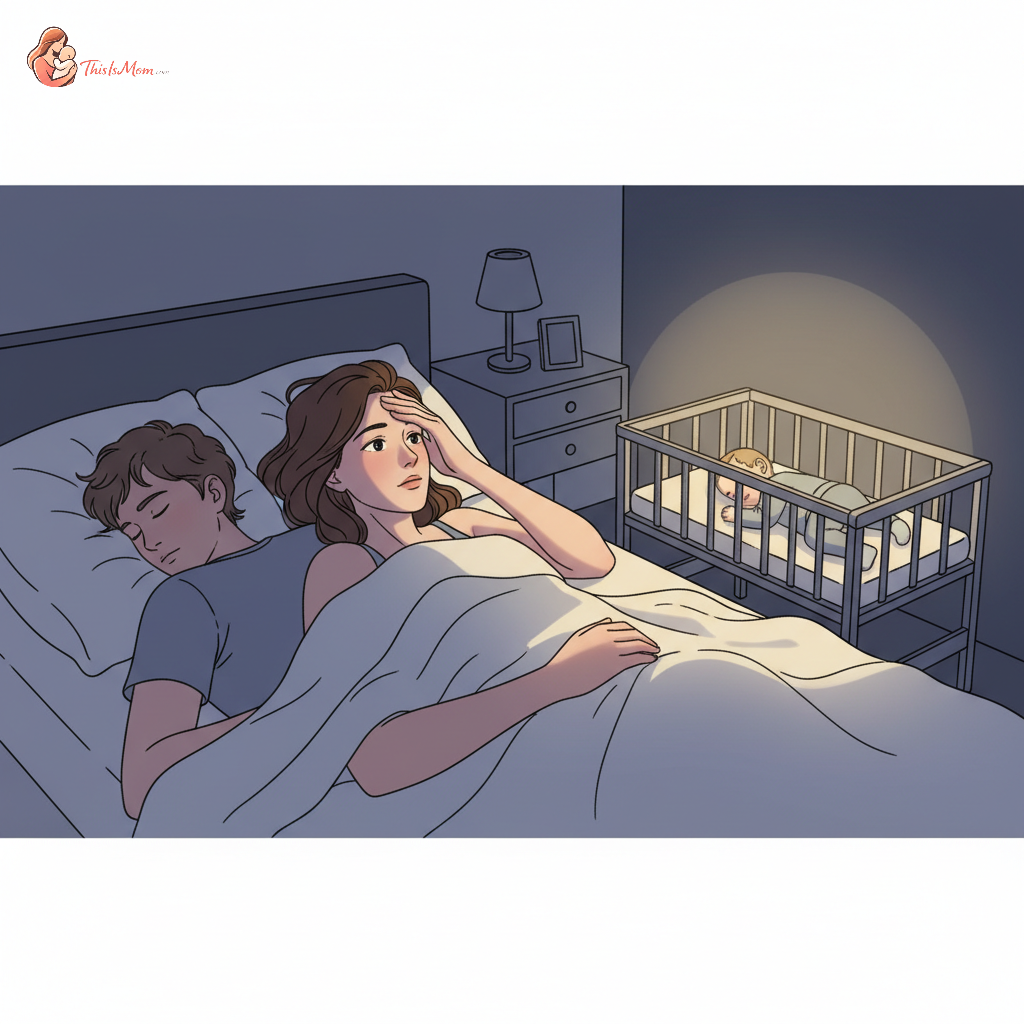 A tired new mother lying awake in bed at night while her partner sleeps soundly beside her, with a baby bassinet visible nearby, conveying feelings of exhaustion and resentment.