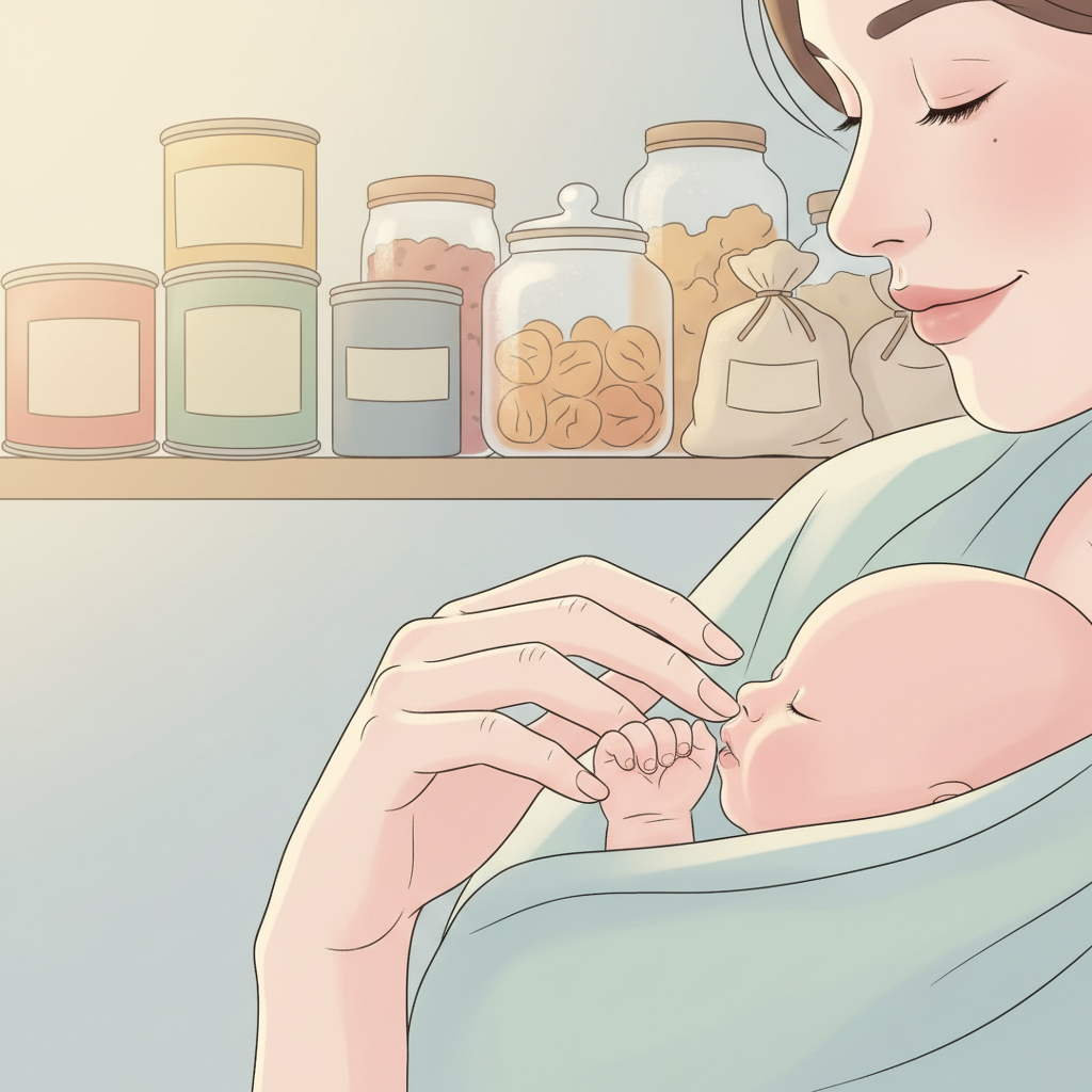 A tired but content new mother cradling her baby, surrounded by a few shelf-stable pantry items like canned goods and dried fruit on a kitchen counter.