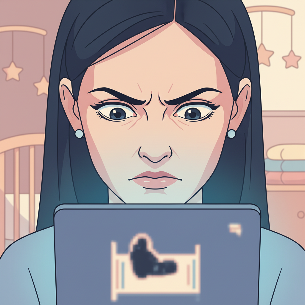A visibly frustrated new mother staring intensely at a malfunctioning baby monitor, her face showing a mix of anger and exhaustion.
