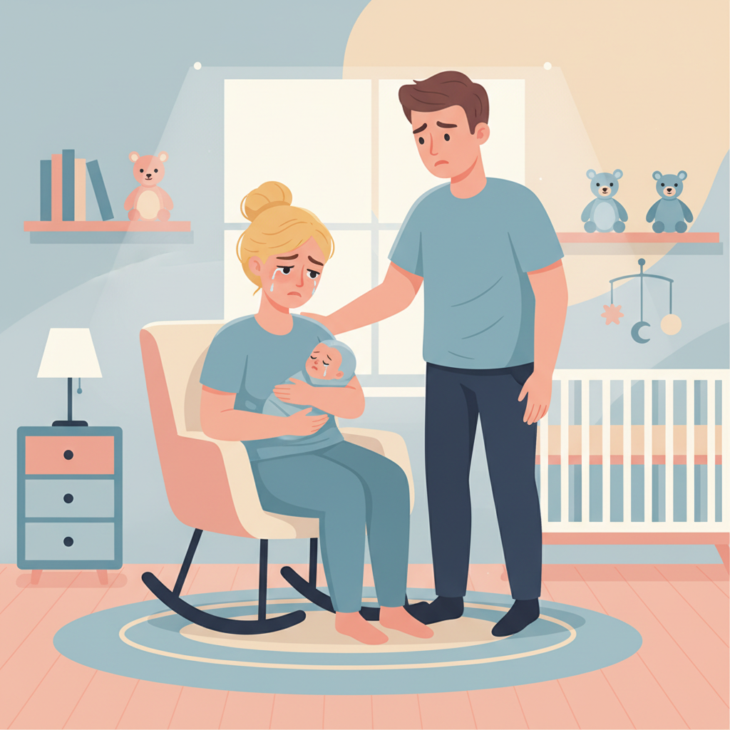 A new mother looking exhausted and frustrated, subtly holding her baby, while her partner looks on with concern.