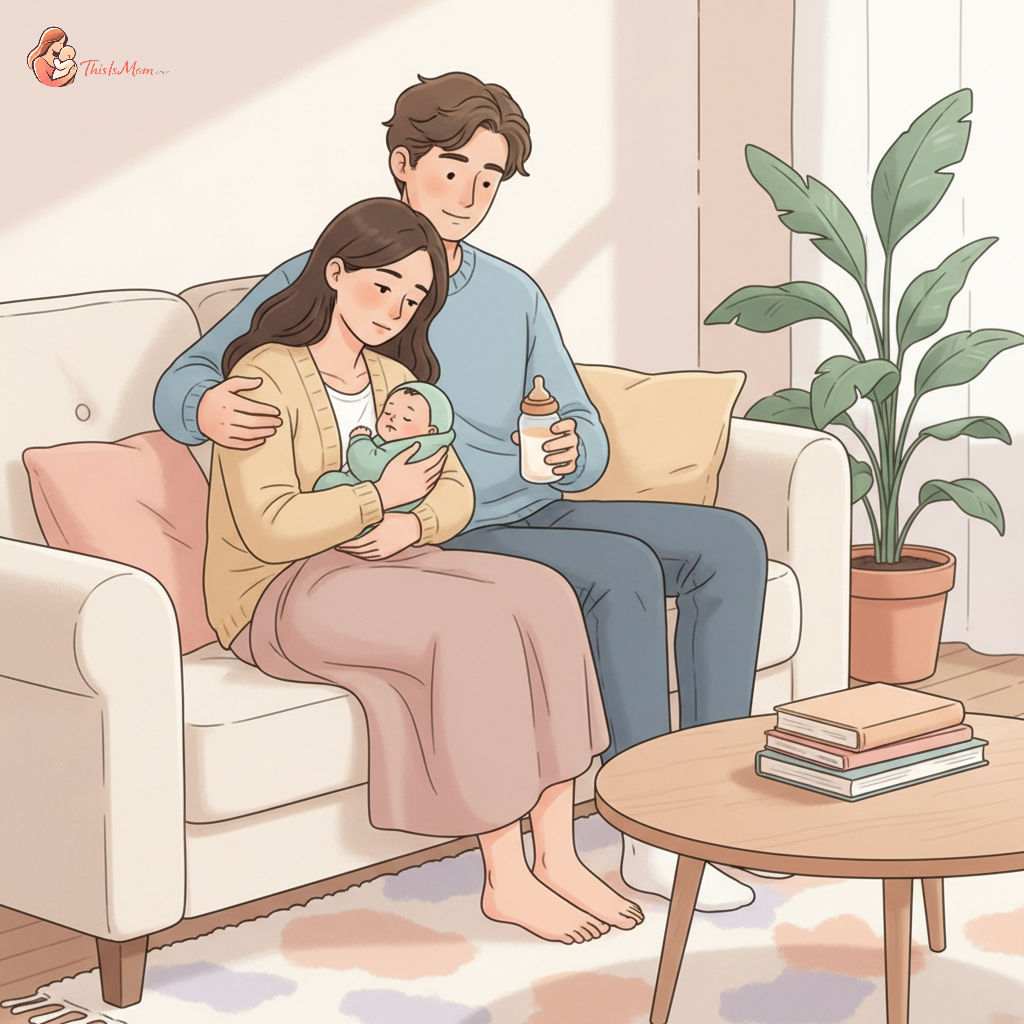 A new father gently helping his partner, who is sitting in a comfortable chair, with their newborn baby, conveying support and teamwork in a warm home setting.