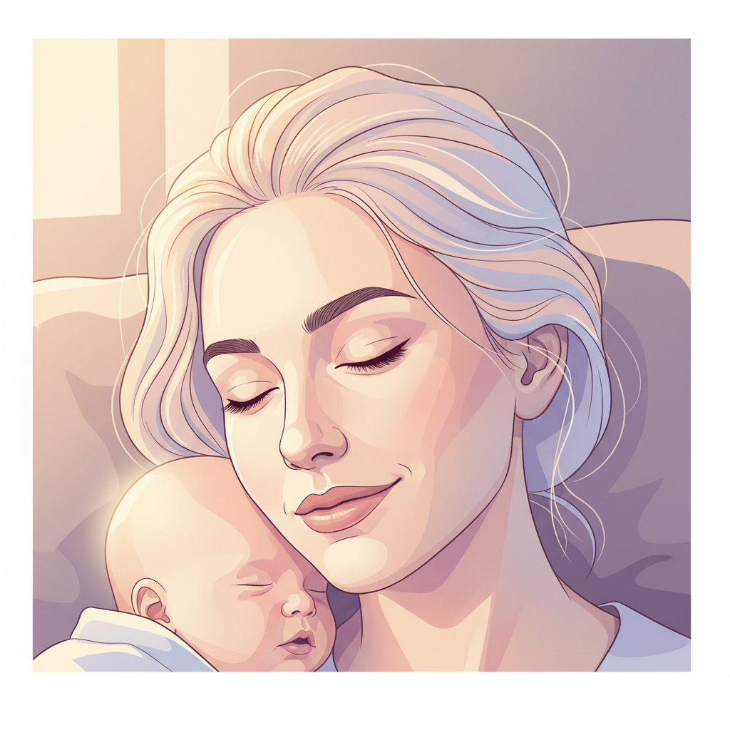 A tired but content new mother gently closes her eyes while resting her head against a pillow, a sleeping baby nestled beside her, with soft morning light filtering into the room.