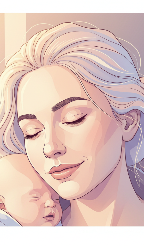 A tired but content new mother gently closes her eyes while resting her head against a pillow, a sleeping baby nestled beside her, with soft morning light filtering into the room.