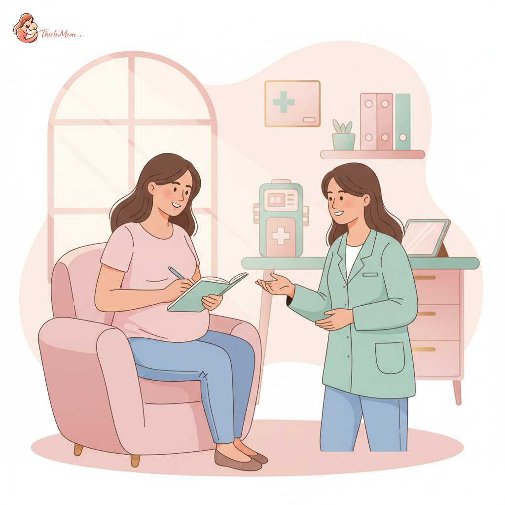 A pregnant woman in a doctor's office, talking to her OB-GYN, looking thoughtful and engaged while holding a pen and notebook, signifying preparation for postpartum discussions.