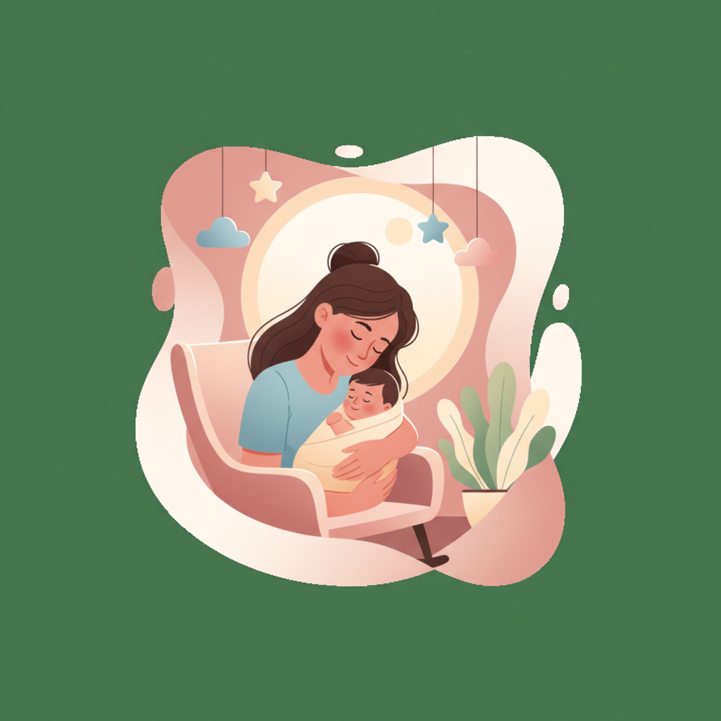 A new mother gently holding her baby, looking tired but peaceful.