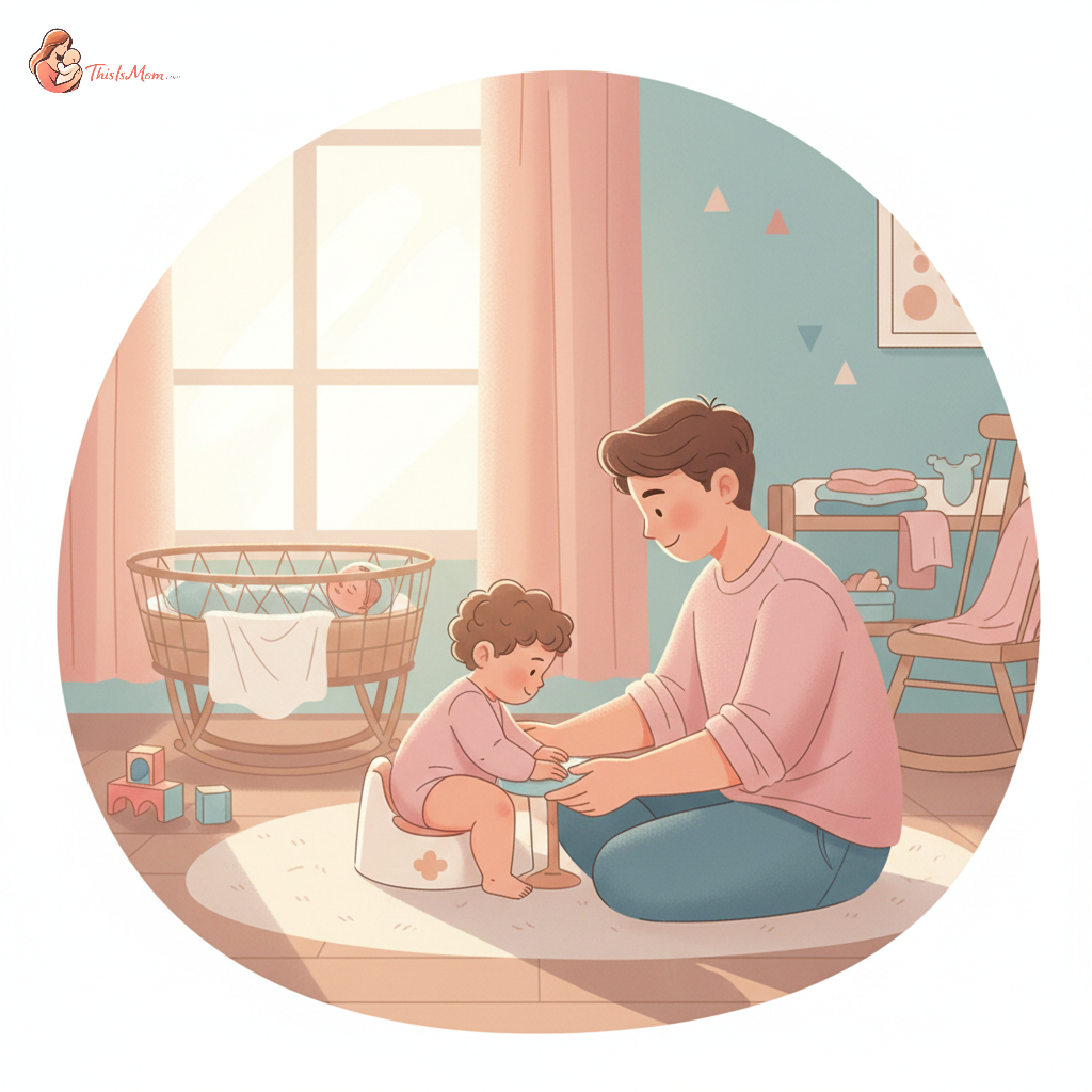 A tired but loving parent looking at their toddler sitting on a small potty next to a crib where a baby is peacefully sleeping, indicating the challenge of potty training with a newborn.