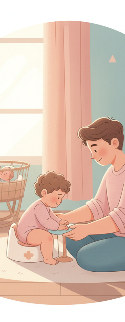A tired but loving parent looking at their toddler sitting on a small potty next to a crib where a baby is peacefully sleeping, indicating the challenge of potty training with a newborn.