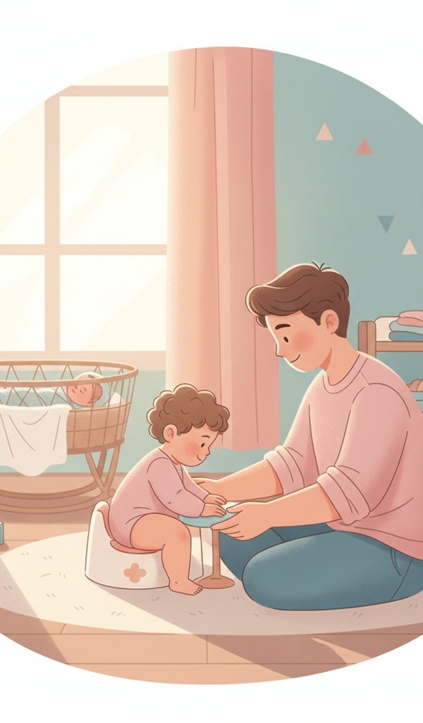 A tired but loving parent looking at their toddler sitting on a small potty next to a crib where a baby is peacefully sleeping, indicating the challenge of potty training with a newborn.
