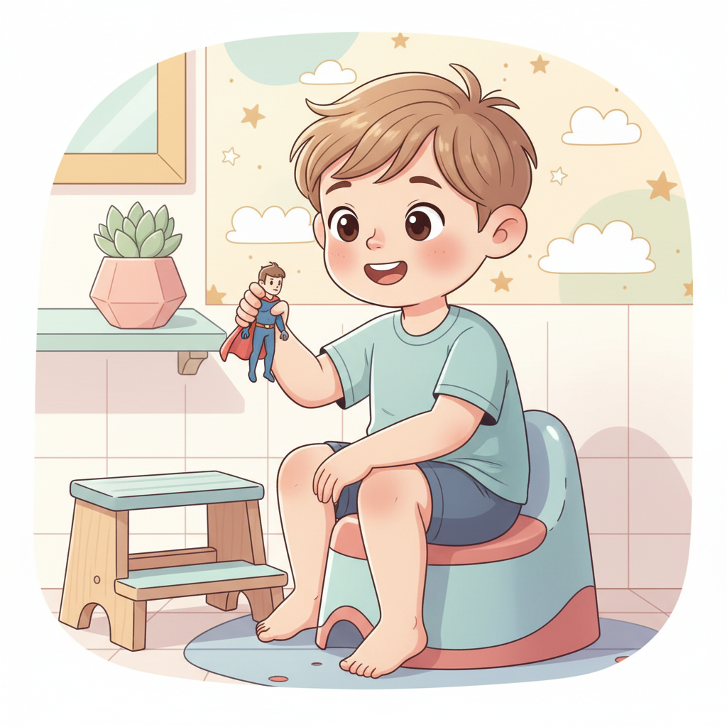 A smiling 3-year-old boy proudly sitting on a small, brightly colored potty chair in a clean, child-friendly bathroom, holding a favorite superhero toy.