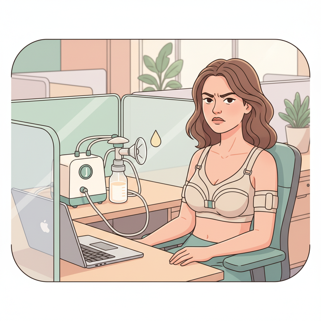 A mother discreetly pumping breast milk at her office desk during a break