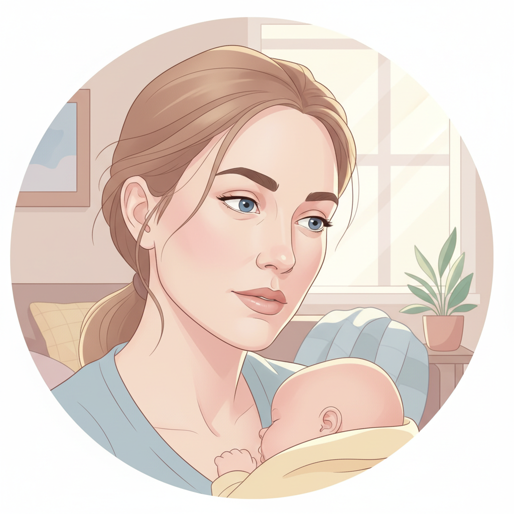 A tired but determined new mother looking thoughtfully into the distance, with a baby playfully out of focus in the background, subtly conveying the mental load.
