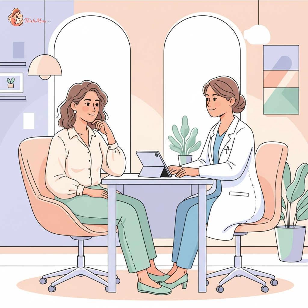 Pregnant woman or new mother having a thoughtful conversation with her OB/GYN in a bright, calm clinic room.
