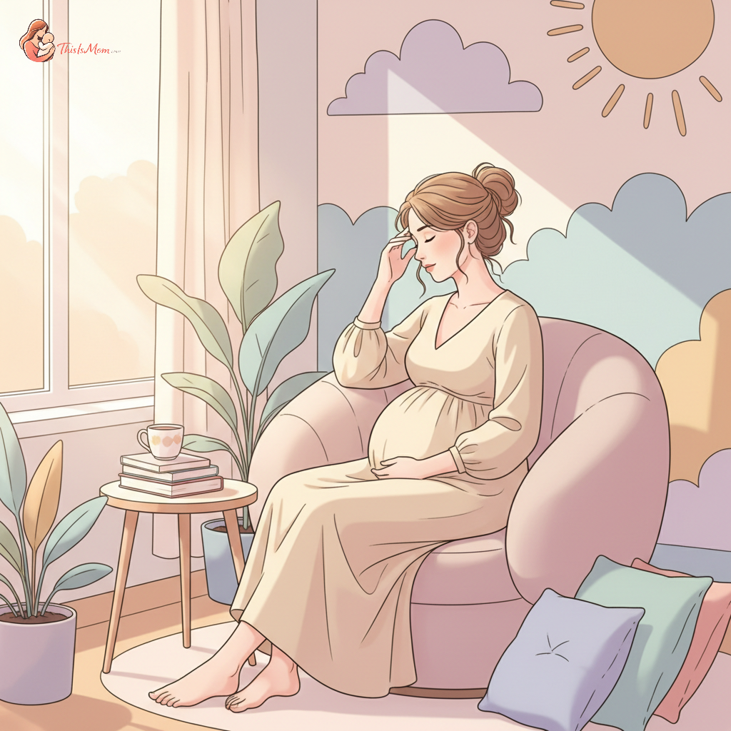 A pregnant woman in her third trimester, looking thoughtfully with a slight furrow in her brow, perhaps holding a pen and notepad as if trying to remember something. The background is soft and warm, suggesting a home environment.