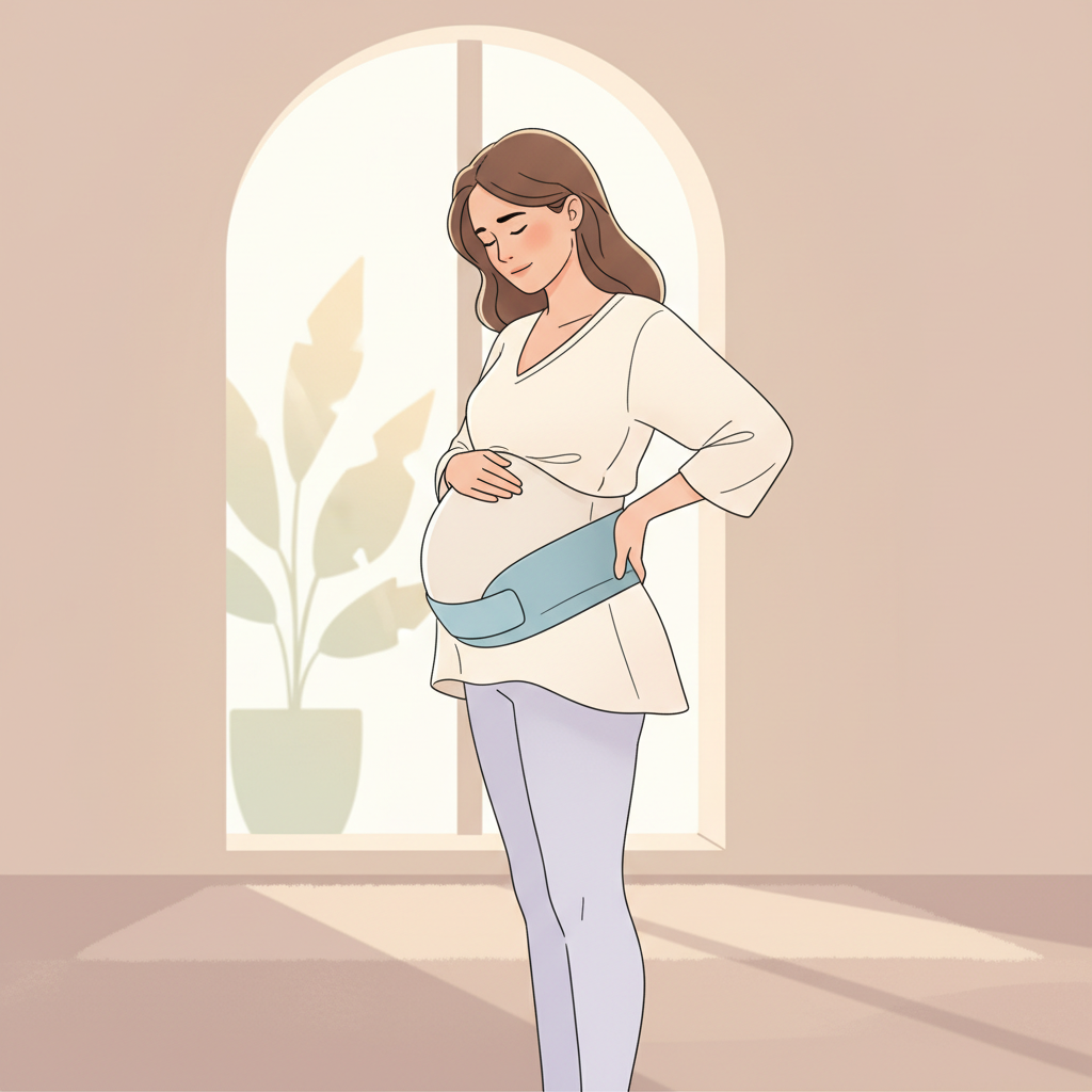 A pregnant woman with a supportive hand on her belly, looking slightly pained but resilient, attempting to walk with a maternity support belt visible. The background is softly blurred, suggesting a home environment.