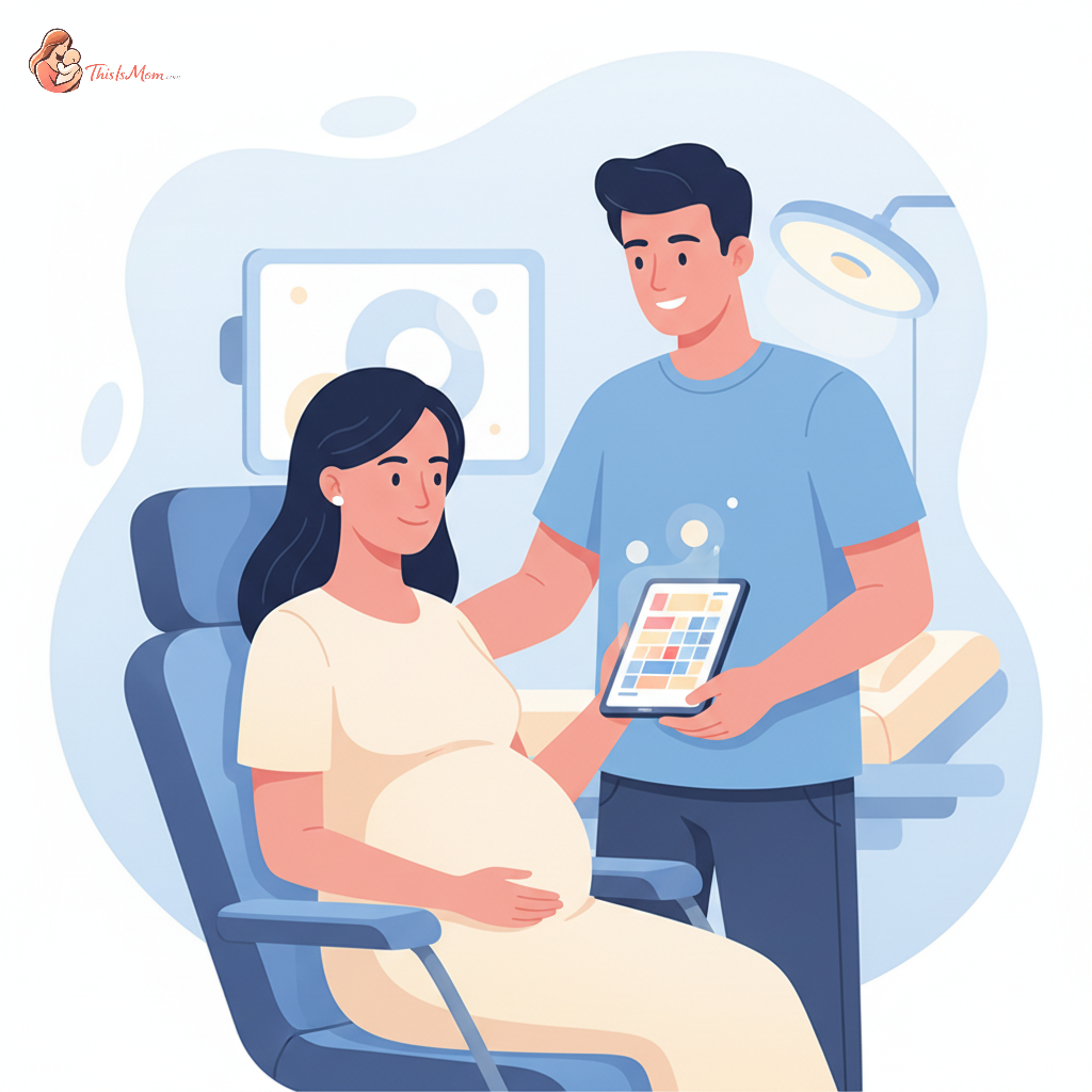 Pregnant woman smiling while looking at a prenatal appointment schedule on a tablet, with a partner by her side in a modern clinic setting.