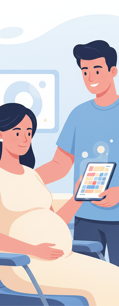 Pregnant woman smiling while looking at a prenatal appointment schedule on a tablet, with a partner by her side in a modern clinic setting.